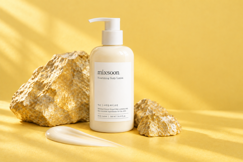 Mixsoon body lotion on a yellow backdrop