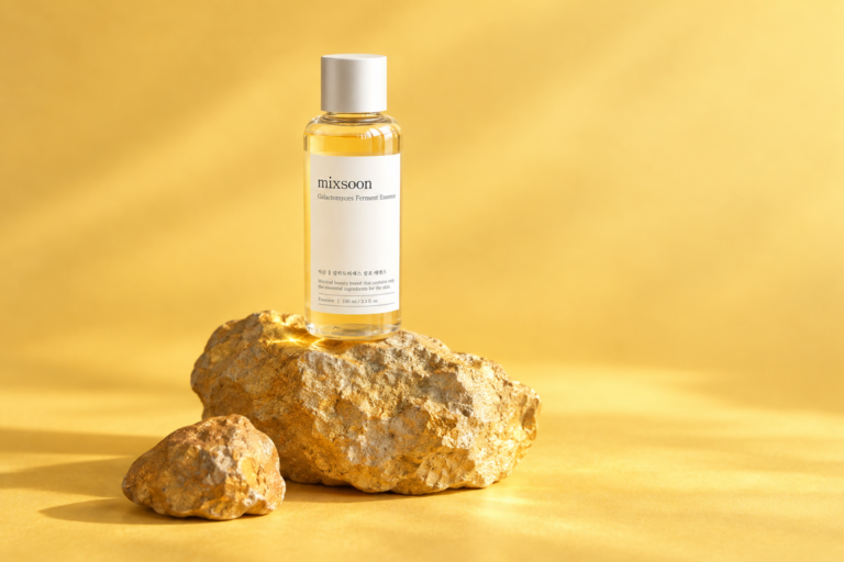 Mixsoon Galactomyces Essence on a yellow backdrop
